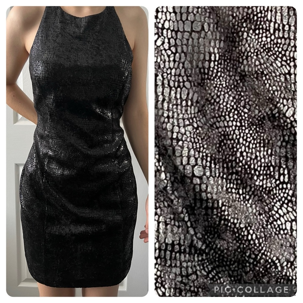 Black vintage dress with embossed velvet jacquard snakeskin pattern, Size 8